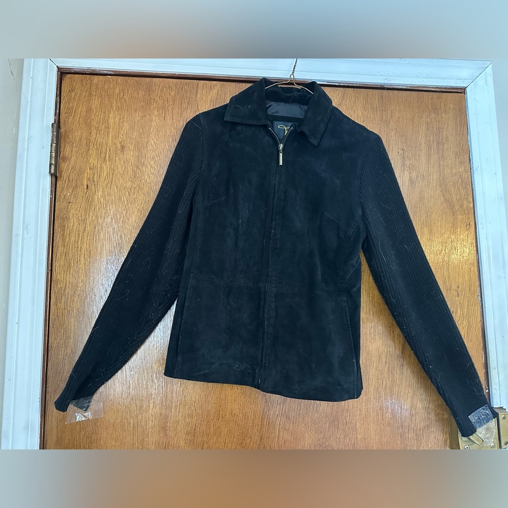 Fabio Black Suede Leather Jacket W/Sweater Knitted Sleeve Full Zip Woman’s Sz M